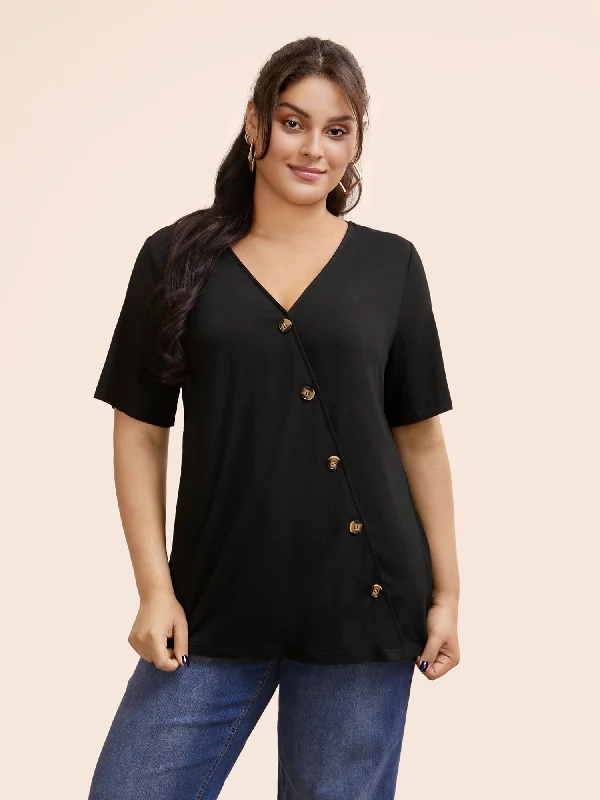 Plain V Neck Button Detail Flutter Sleeve T-shirt