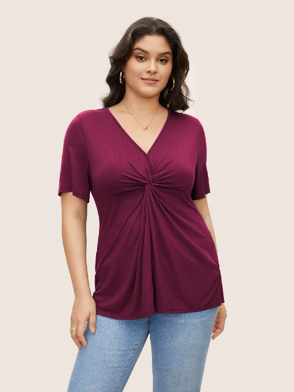 Plain V Neck Twist Front T-shirt