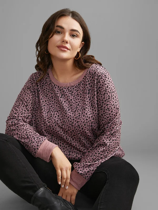 Leopard Print Crew Neck Stretchy Sweatshirt