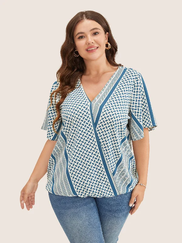 Geometric Contrast Ruffle Sleeve Wrap Blouse