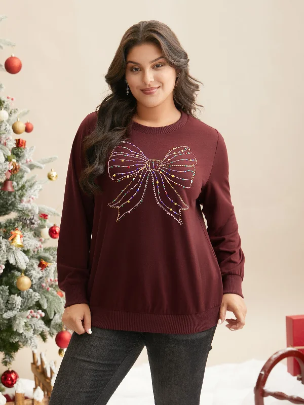 Rhinestone Embellished Bow Straight-Fit Sweatshirt