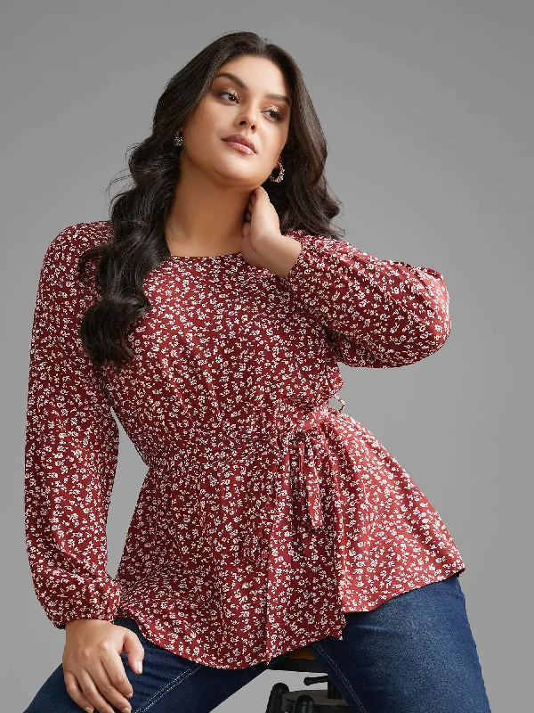 Ditsy Floral Lantern Sleeve Belted Blouse