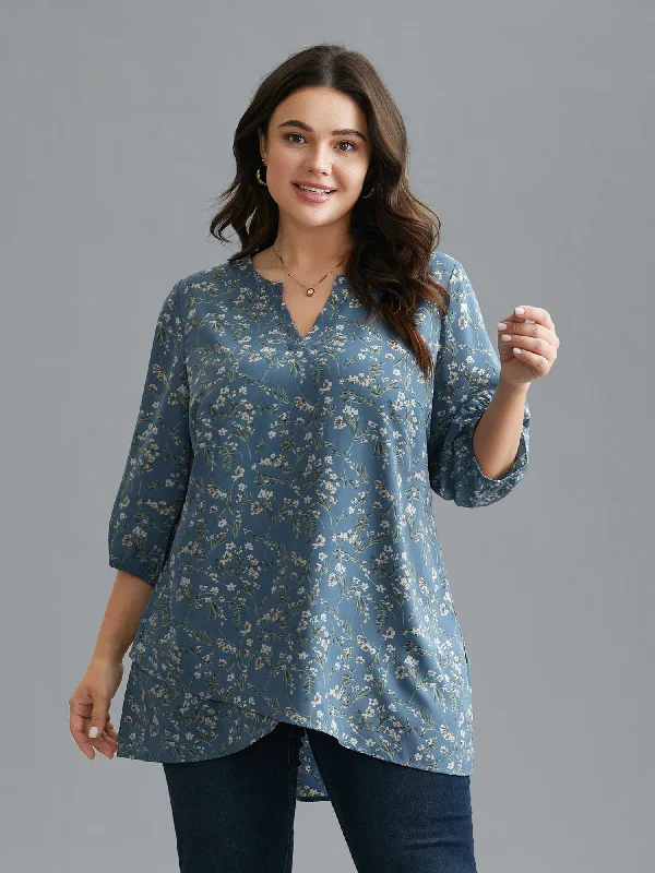 Floral Asymmetrical Hem Elastic Cuff Blouse