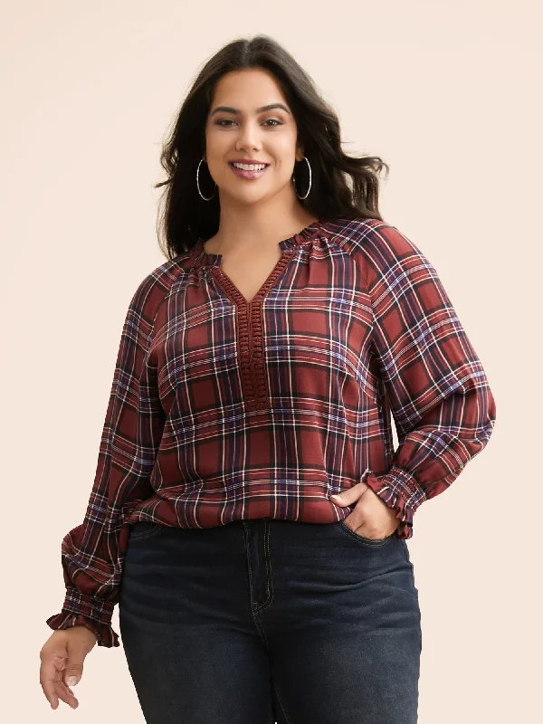 Plaid Contrast Webbing Ruffle Trim Blouse