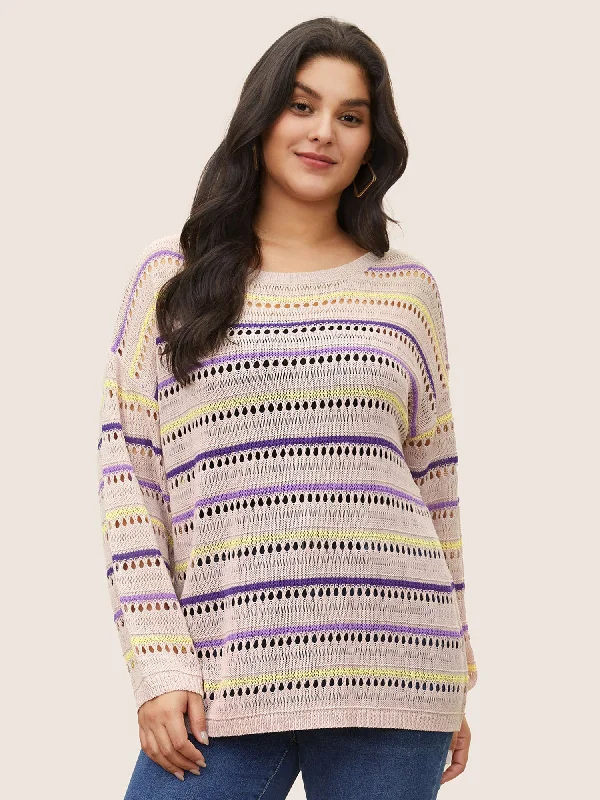 Striped Contrast Hollow Out Drop Shoulder Pullover