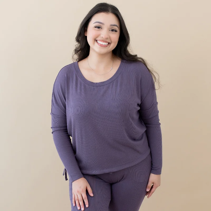 Women's Ribbed Long Sleeve Drop Shoulder Top in Currant