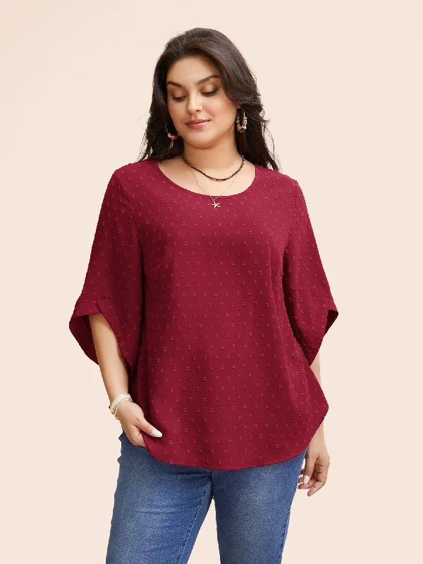 Textured Round Neck Bell Sleeve Blouse