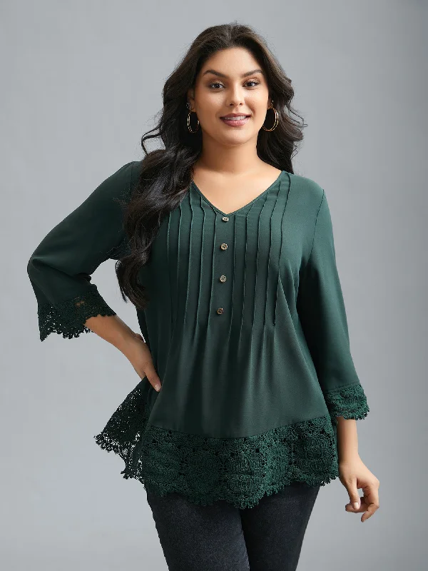 V Neck Plicated Detail Contrast Lace Blouse