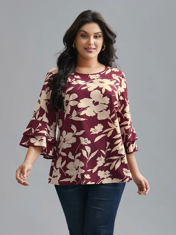 Silhouette Floral Print Tiered Ruffles Blouse