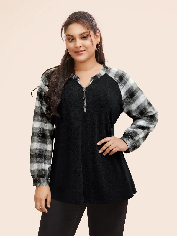 Plaid Patchwork Notched Button Detail Sweatshirt