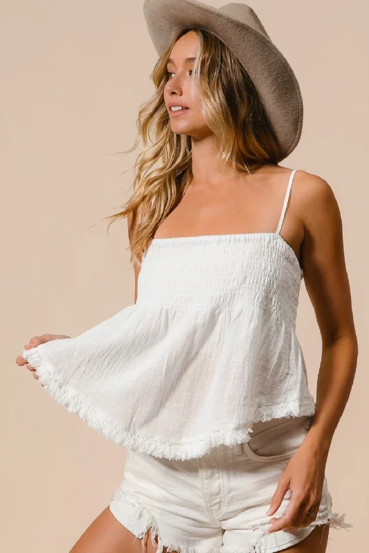 White Fringed Hem Smocked Cami