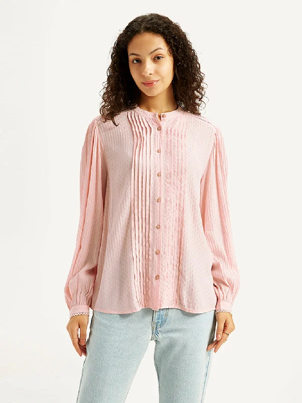 Women's Self Design Light-Pink Band Neck Top