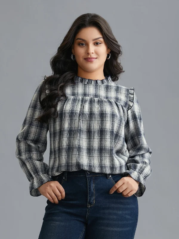 Plaid Ruffle Trim Gathered Blouse