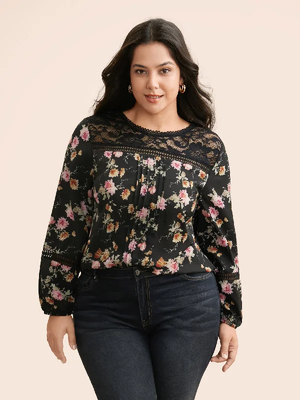 Floral Lace Panel Lantern Sleeve Blouse