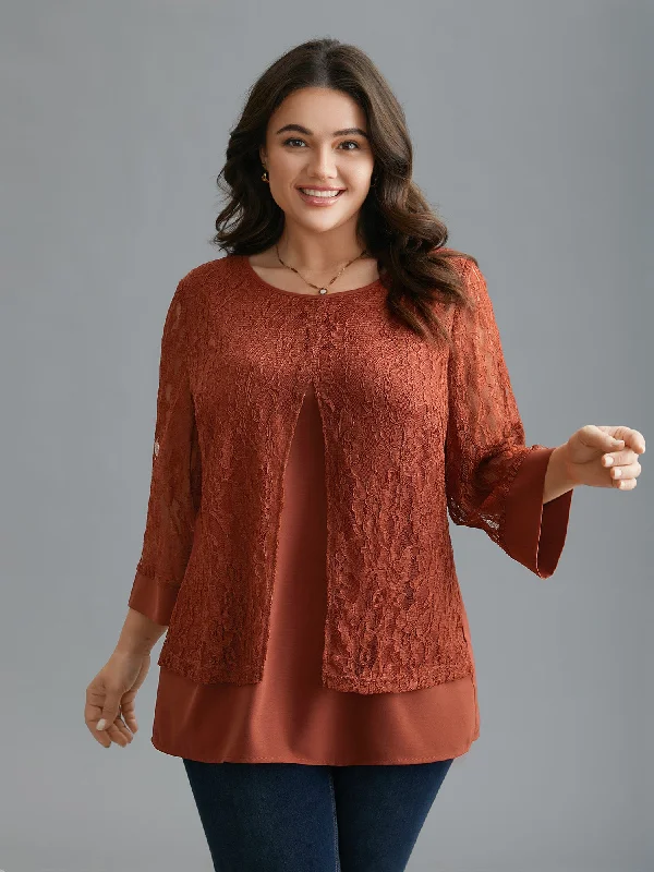 Sheer Lace Sleeve Open-Front Design Blouse