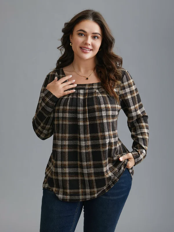 Plaid Pleated Square Neckline Knit Top