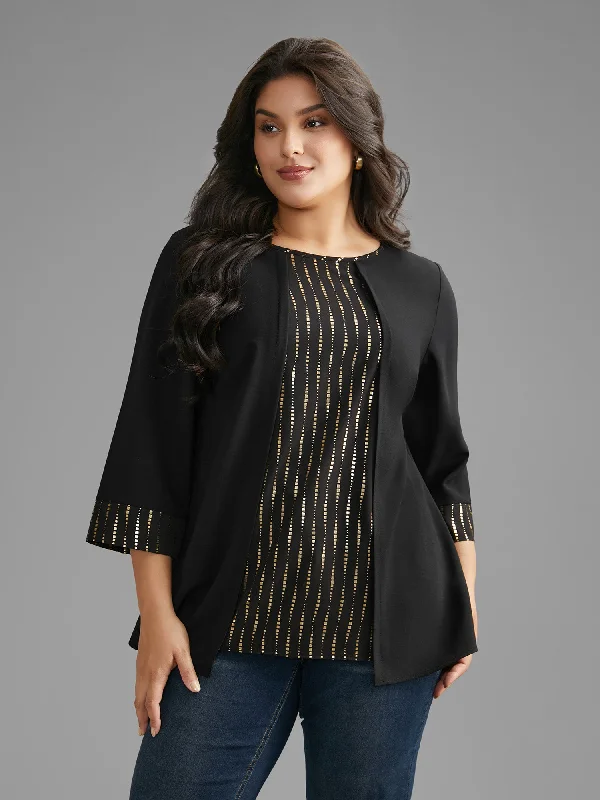 Crew Neck Glitter Patchwork Contrast Blouse