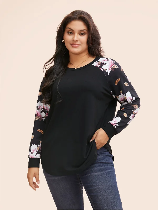 Floral Patchwork Crew Neck Raglan Sleeve Sweatshirt