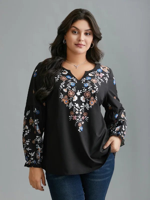 Floral Puffy Sleeve V-Neck Blouse