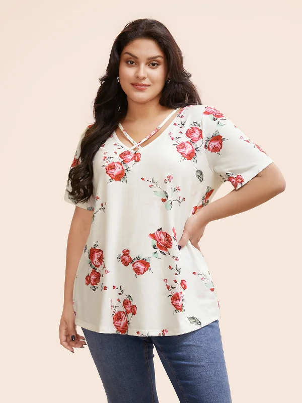 Floral Crisscross V Neck T-shirt