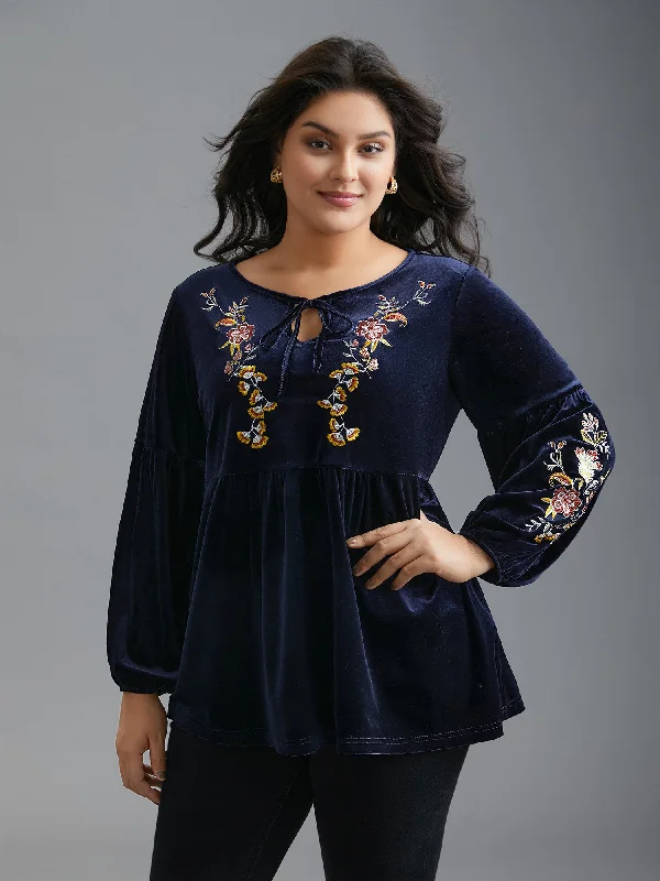 Floral Embroidered Velvet Tie Knot Blouse