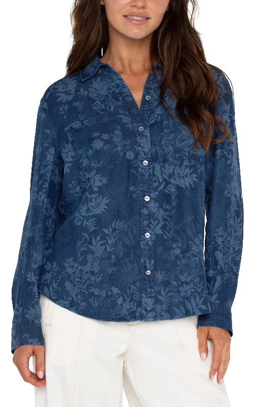 Rolled Sleeve Woven Shirt in Indigo Floral