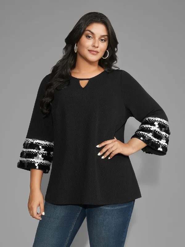 Sequin Patchwork Keyhole Bell Sleeve Blouse