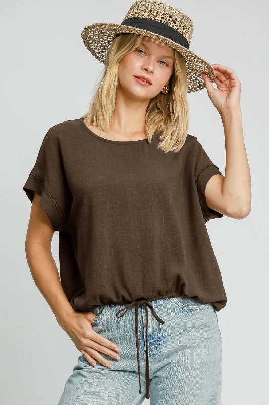 Brown Drawstring Hem Linen Top