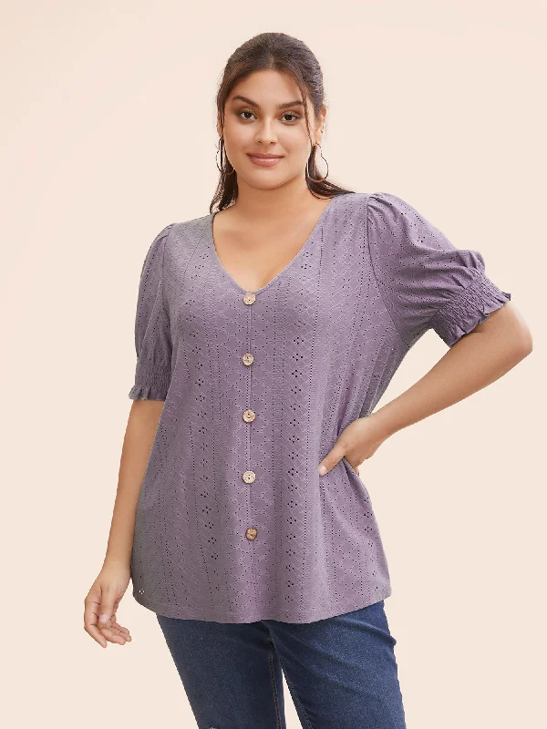 Plain Broderie Anglaise Shirred Puff Sleeve Button Detail T-shirt