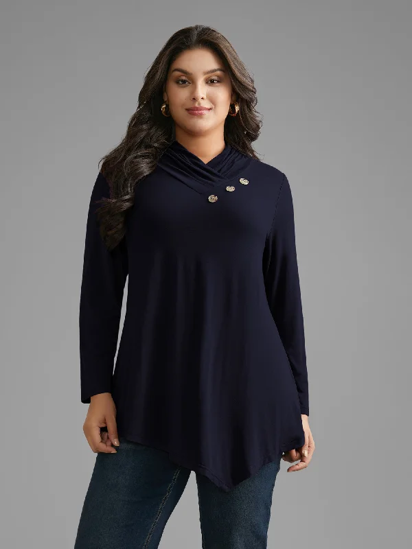 Solid Button Detail Asymmetrical Hem Jersey Top