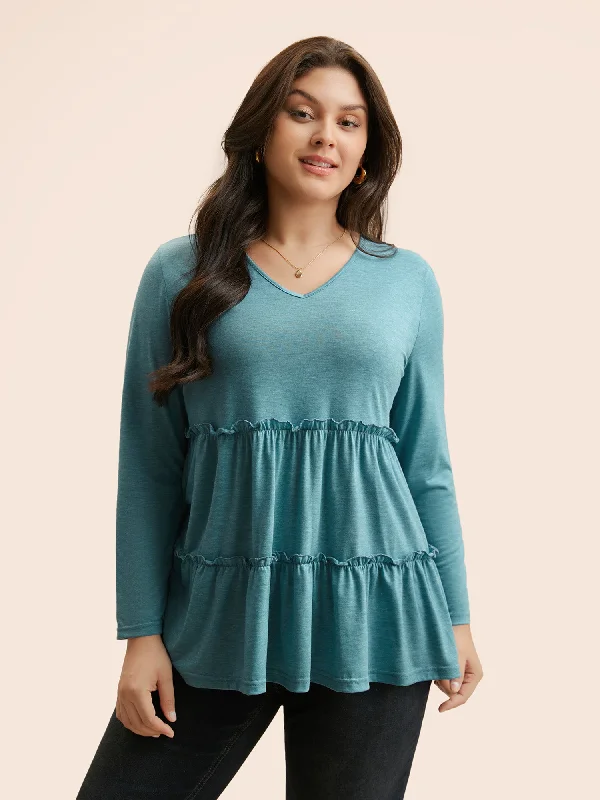 Solid Frill Trim Ruffle Layered Hem T-shirt