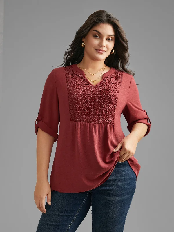 Notched Lace Panel Tab Sleeve Blouse