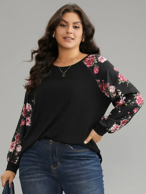 Floral Patchwork Crew Neck Raglan Sleeve T-shirt