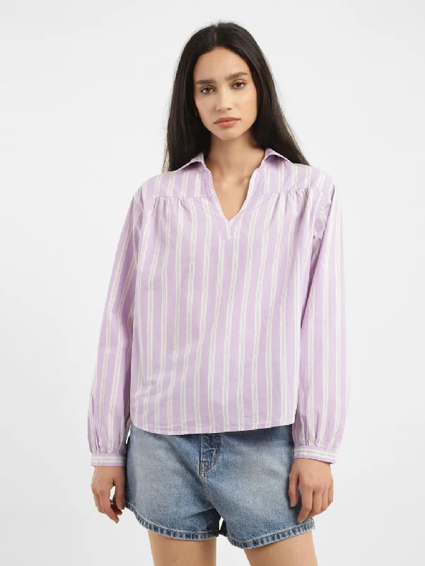 Women's Striped Spread Collar Top