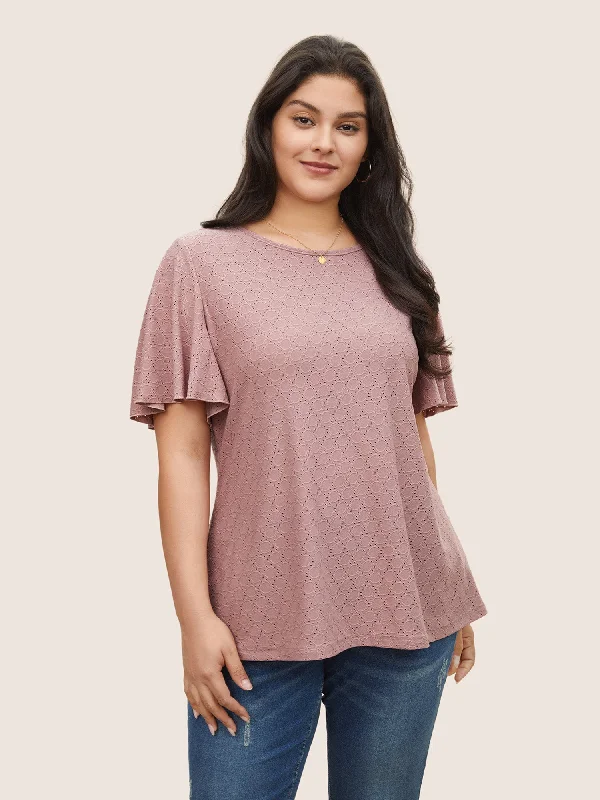 Plain Textured Geometric Flutter Sleeve T-shirt