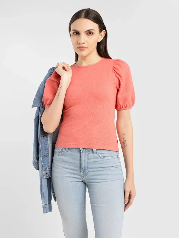 Women's Textured Coral Round Neck Top