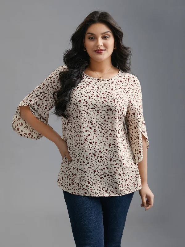 Crew Neck Ditsy Floral Bell Sleeve Blouse