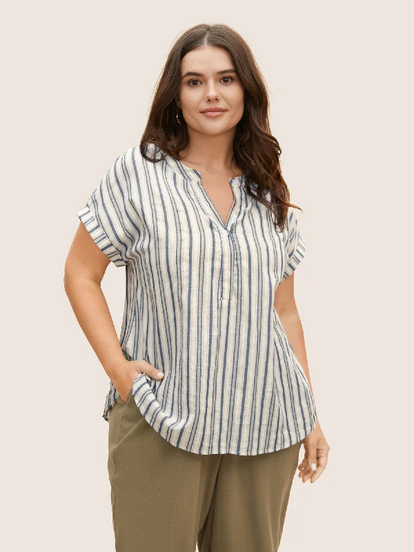 Cotton Striped Dolman Sleeve Button Up Blouse