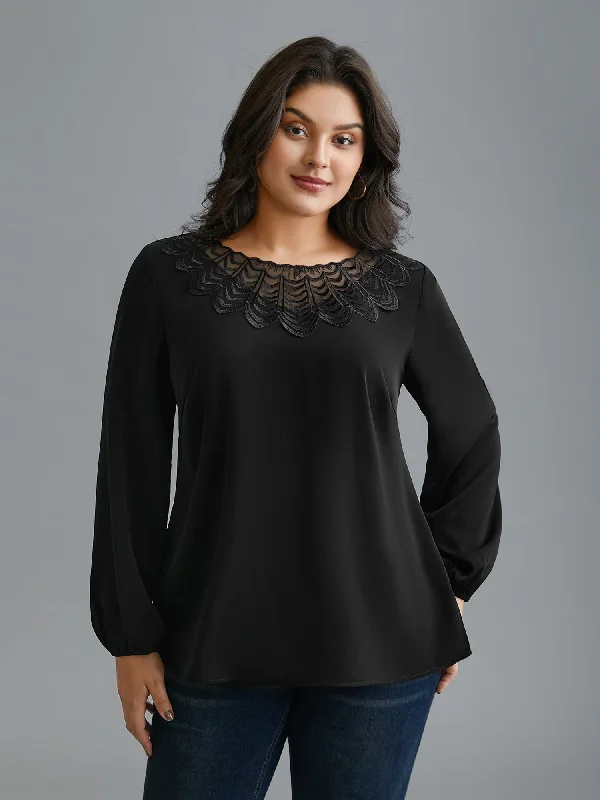 Lace Trim Sheer Neckline Blouse