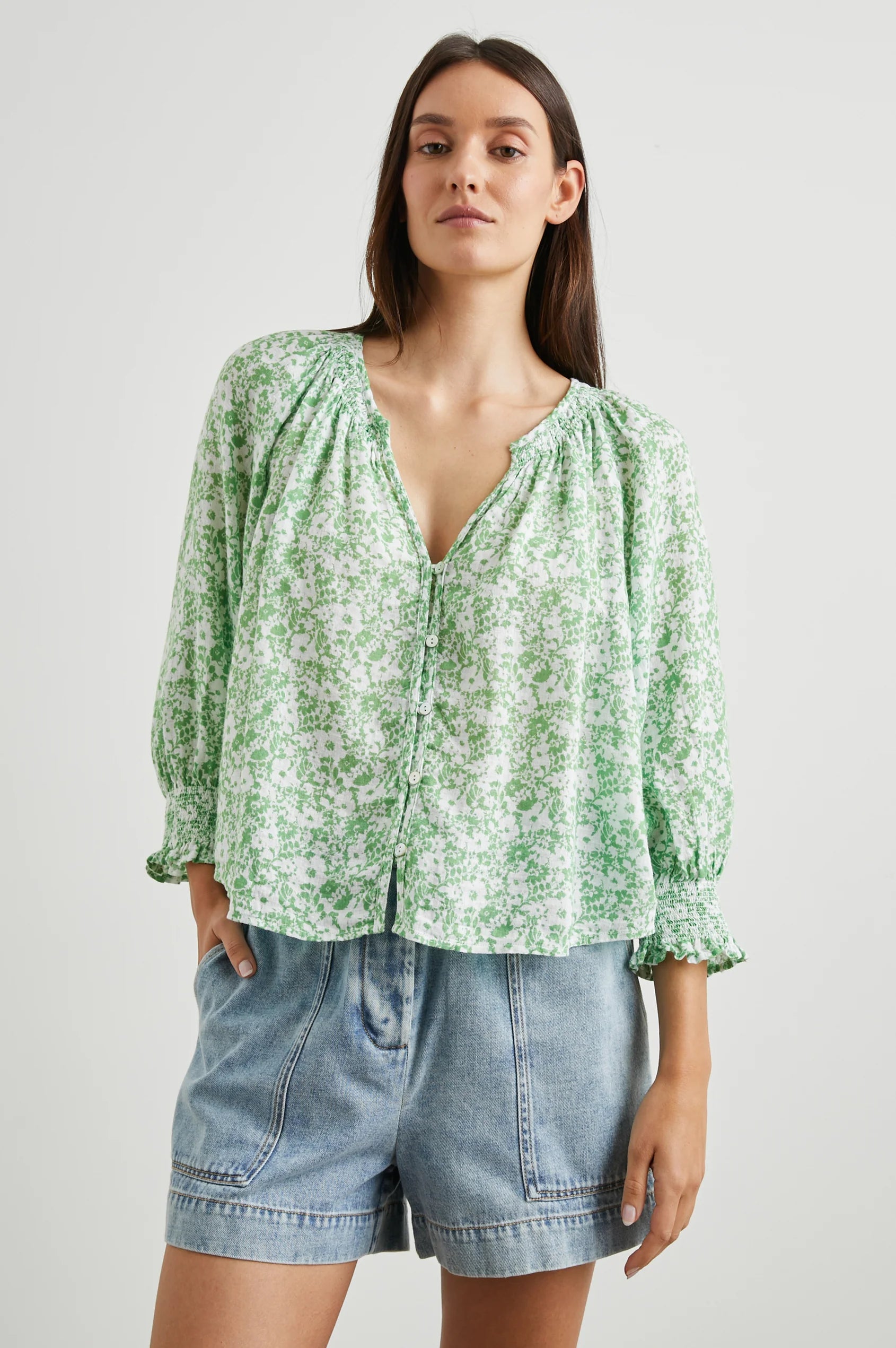 Mariah Top in Green Texture Floral