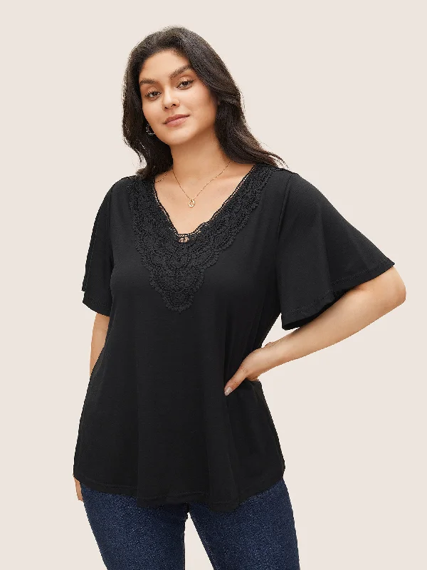 Solid Ruffle Sleeve Lace V Neck T-shirt