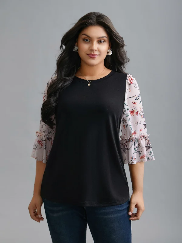 Floral Print Patchwork Ruffle Sleeve T-Shirt