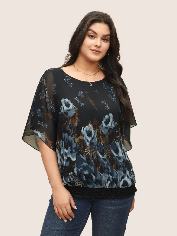 Pixel Flower Shirred Batwing Sleeve Blouse