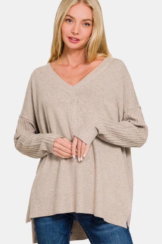 V-Neck Side Slit High-Low Sweater - Mocha