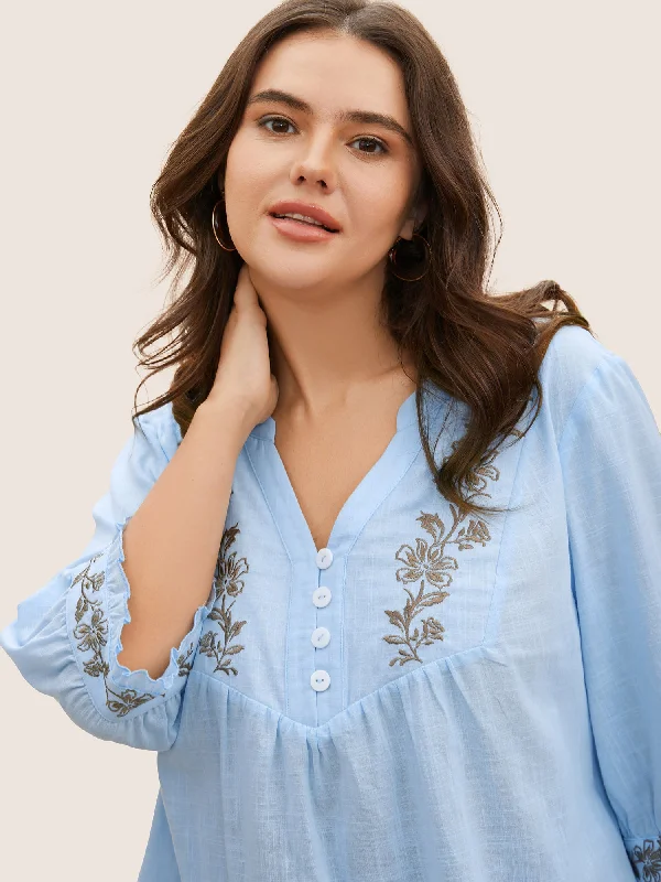 Cotton Floral Embroidered Notched Collar Frill Trim Blouse