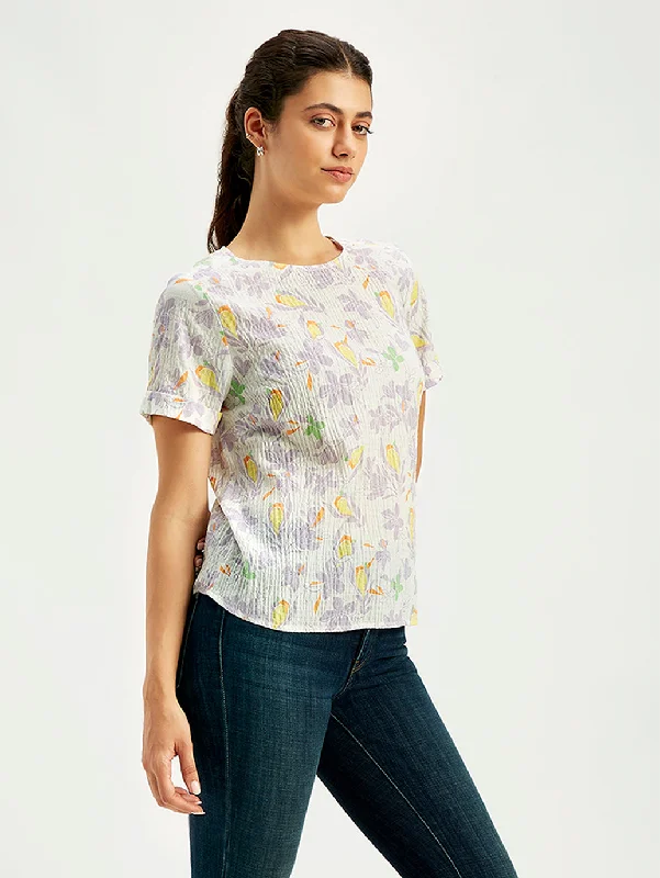 Women's Floral Print Off-White Round Neck Top