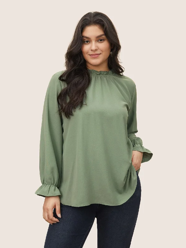 Plain Lantern Sleeve Ruffle Trim Mock Neck Blouse