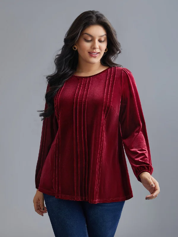 Plain Round Neck Gathered Velvet Blouse