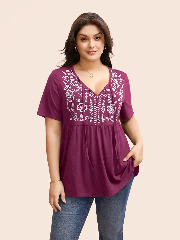 Floral Embroidered Tie Knot T-shirt