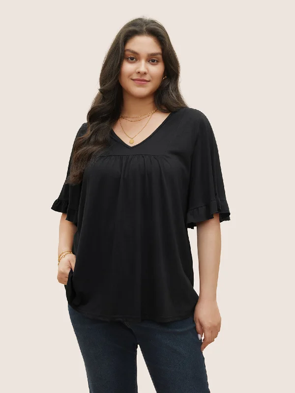 Solid Gathered Ruffle Trim Flounce Sleeve T-shirt